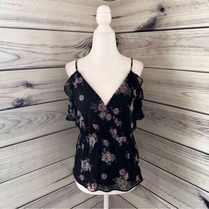 Express Black & Pink Floral Open Back Cold Shoulder V Neck Top